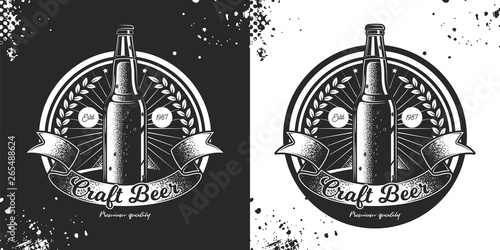 Emblem of beer in vintage style. Monochrome vector illustration. A bottle of beer and a ribbon for the inscription.