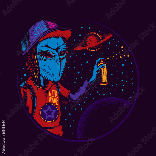 Original vector illustration in vintage neon style. An alien in a cap draws graffiti on the background of space and planets. T-shirt design