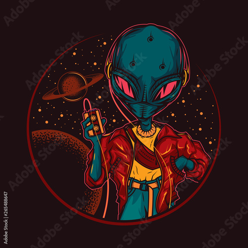 Original vector illustration in vintage style. An alien, an alien in headphones, with a cassette player in his hands, against the background of space and planets. T-shirt design