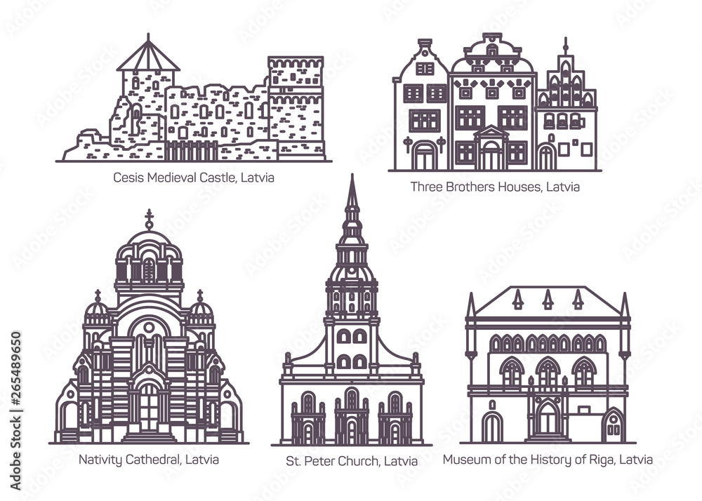Landmarks of Latvia in thin line. Architecture