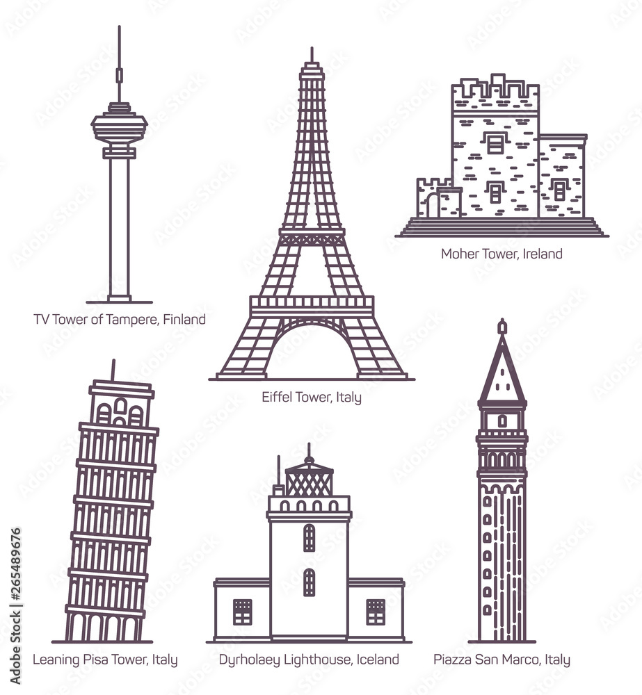 European landmarks with towers in thin line