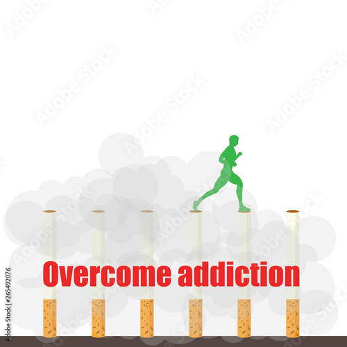 Man overcomes addiction. Poster no tobacco day. Vector illustration of a man against smoking