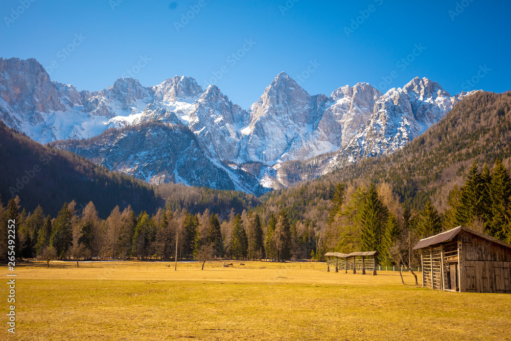The tops of the mountains are covered with snow. Triglav national park. Slovenia, Europe