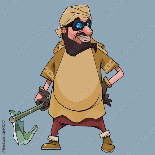 cartoon man in steelmaker glasses with an antique ax in his hand