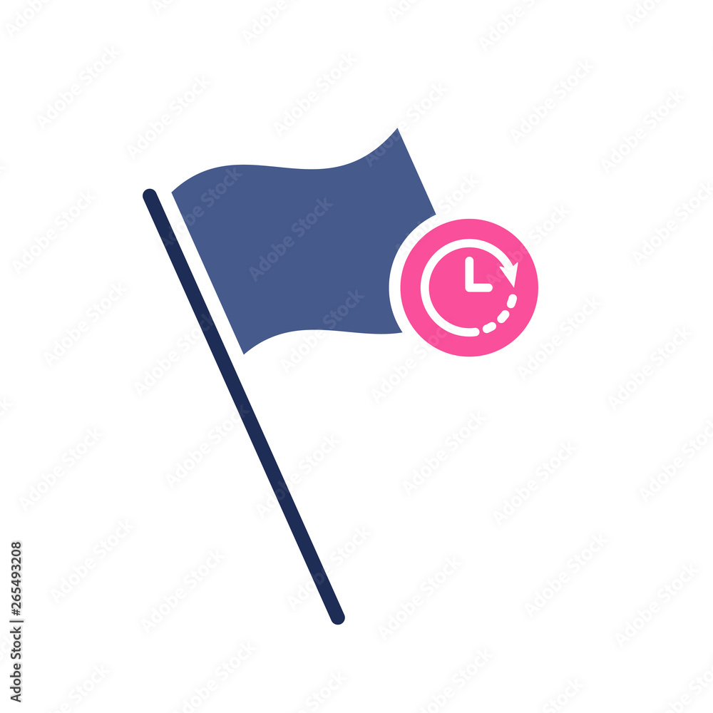 Flag icon with clock sign. Location marker icon and countdown, deadline, schedule, planning symbol Flag icon with clock sign. Location marker icon and countdown, deadline, schedule, planning symbol