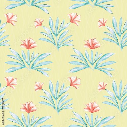Hibiscus inspired painted water colour coral and green floral design. Seamless vector pattern on lined textured yellow background. Perfect for wellness, beauty products, fabric, stationery, gift wrap.