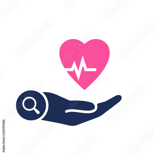 Health icon with research sign. Heart pulse icon and explore, find, inspect symbol