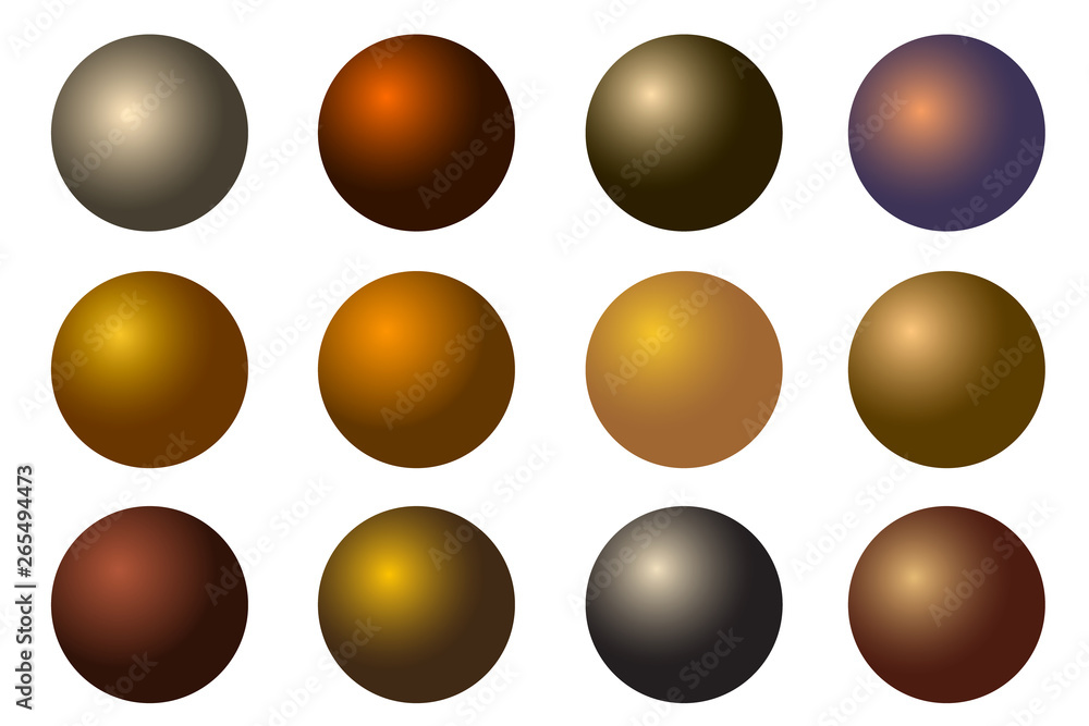 set of all metal balls of gold silver brass copper platinum. set of all metal balls of gold silver brass copper platinum.