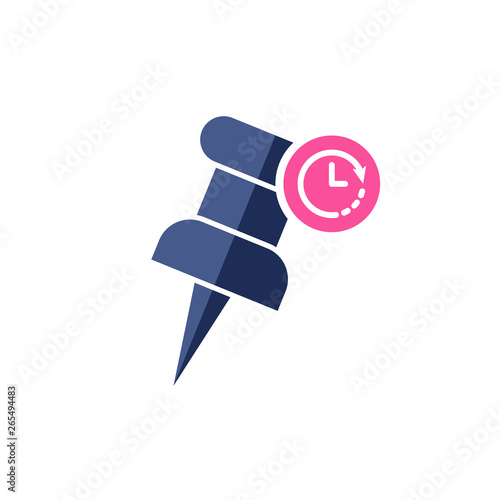 Marker icon with clock sign. Push pin icon and countdown, deadline, schedule, planning symbol