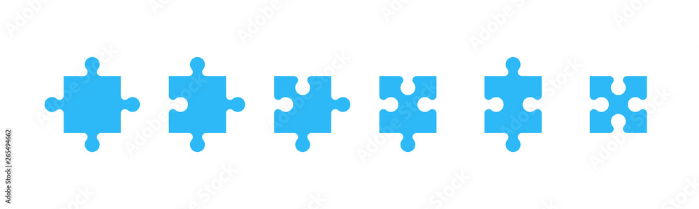 Puzzle pieces set isolated on a white background. Mosaic, details, tails. Jigsaw presentation template. Simple modern design. Blue color. Flat style vector illustration. Puzzle pieces set isolated on a white background. Mosaic, details, tails. Jigsaw presentation template. Simple modern design. Blue color. Flat style vector illustration.