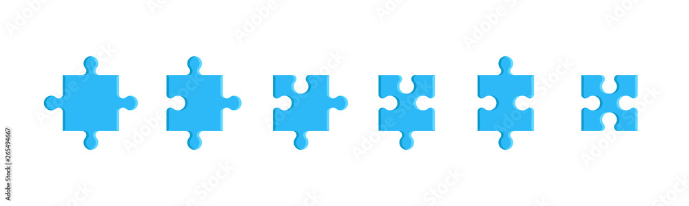 Puzzle pieces set isolated on a white background. Mosaic, details, tails. Jigsaw presentation template. Simple modern design. Blue color. Flat style vector illustration. - obrazy, fototapety, plakaty 