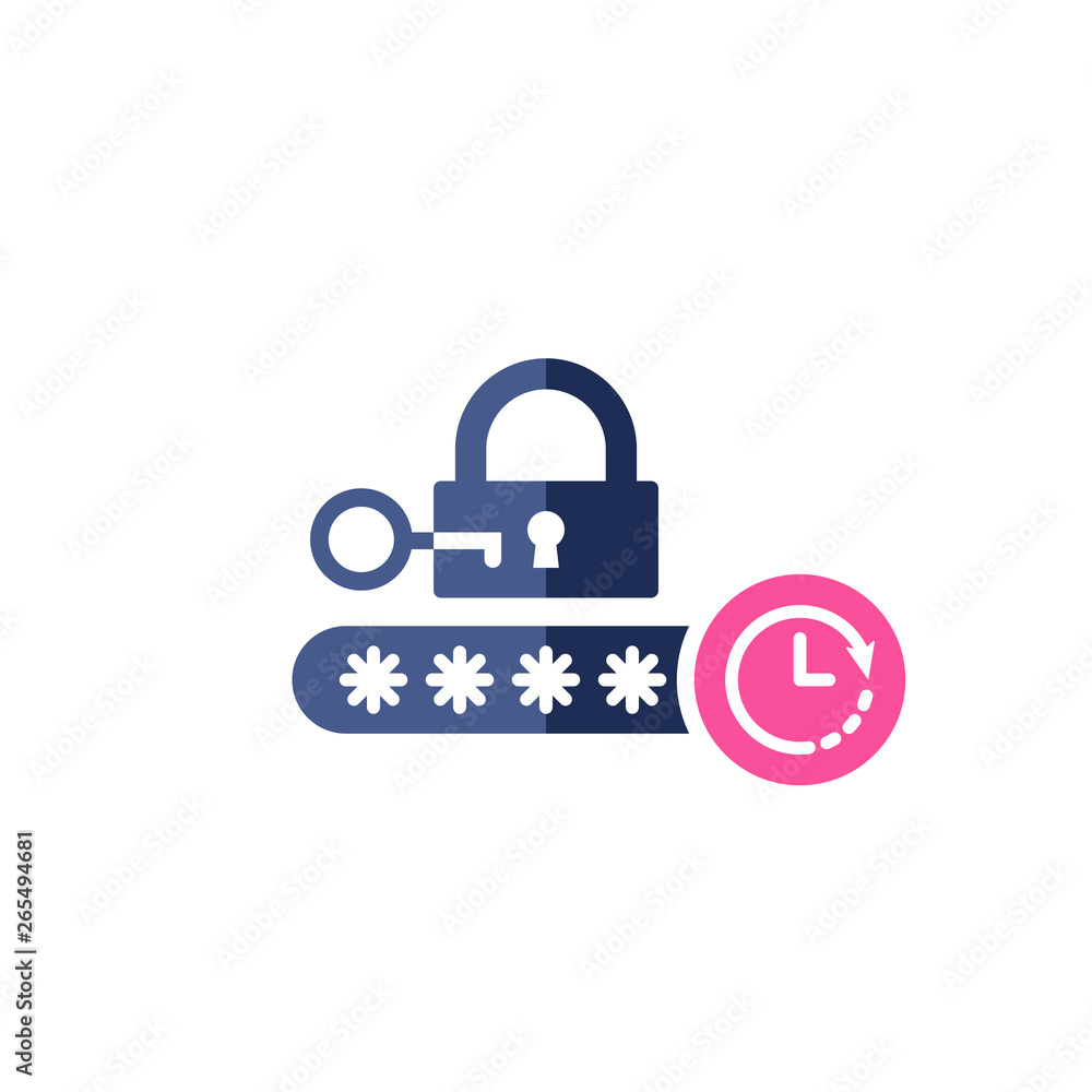 Password icon with clock sign. Protection lock icon and countdown, deadline, schedule, planning symbol Password icon with clock sign. Protection lock icon and countdown, deadline, schedule, planning symbol