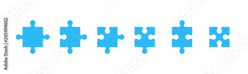 Puzzle pieces set isolated on a white background. Mosaic, details, tails. Jigsaw presentation template. Simple modern design. Blue color. Flat style vector illustration.