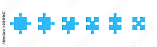 Puzzle pieces set isolated on a white background. Mosaic, details, tails. Jigsaw presentation template. Simple modern design. Blue color. Flat style vector illustration.