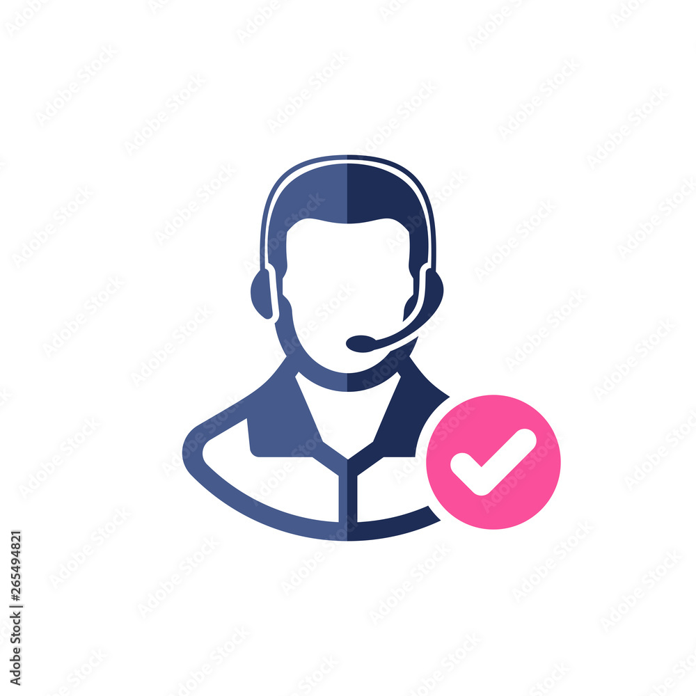 Support icon with check sign. Customer service agent with headset icon and approved, confirm, done, tick, completed symbol