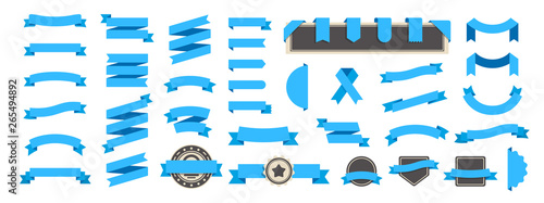 Ribbon banner set isolated on a white background. Blue color. Simple modern cute design. Labels, bookmarks and tags. Flat style vector illustration. Big collection.