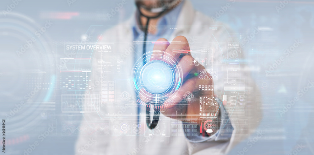 Fototapeta premium Scientist using digital technological interface with datas 3D rendering