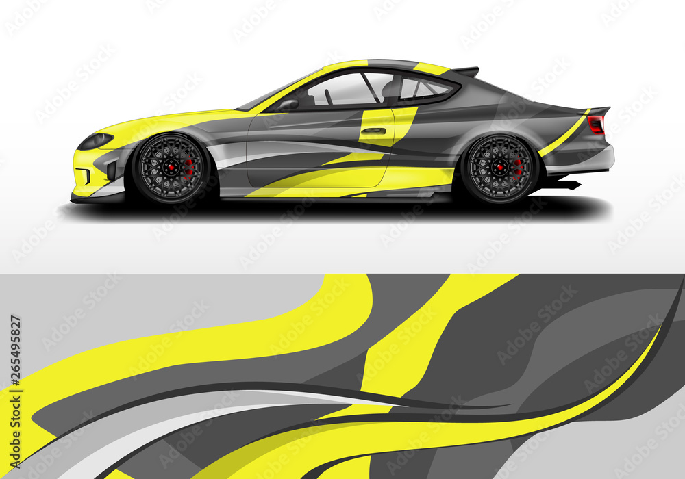 Fototapeta premium Car wrap graphic vector. Abstract stripe racing background kit designs for wrap vehicle, race car, rally, adventure and livery