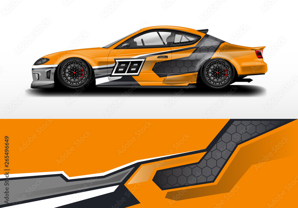 Fototapeta premium Car wrap graphic vector. Abstract stripe racing background kit designs for wrap vehicle, race car, rally, adventure and livery