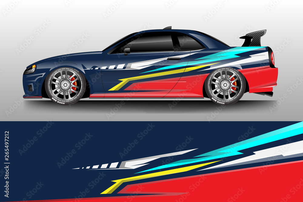 Car wrap graphic vector. Abstract stripe racing background kit designs for wrap vehicle, race car, rally, adventure and livery