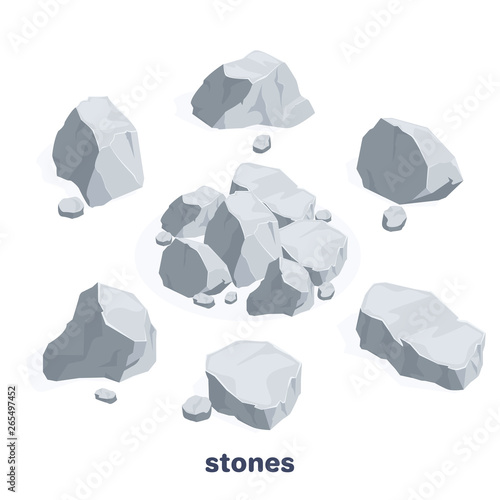 isometric vector image on a white background, a set of gray stones with highlights and shadows, rocks and gravel