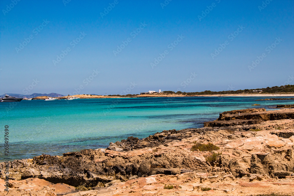 Impressive sea view: the amazing colors of the mediterranean sea in La Sabina, Formentera Island, Baleares, Spain