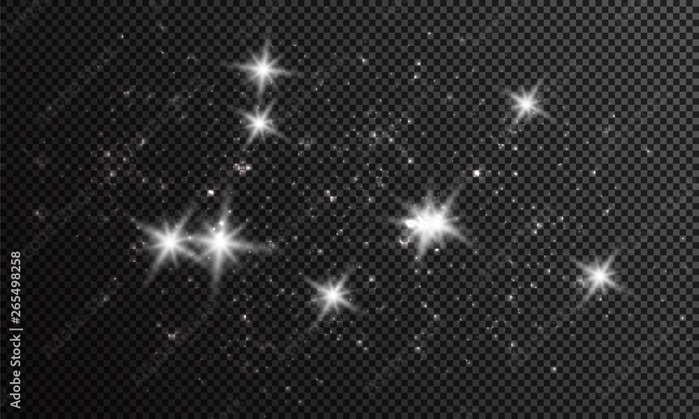 Dust white. White sparks and golden stars shine with special light. Vector sparkles on a transparent background. Christmas abstract pattern. Sparkling magical dust particles. Dust white. White sparks and golden stars shine with special light. Vector sparkles on a transparent background. Christmas abstract pattern. Sparkling magical dust particles.