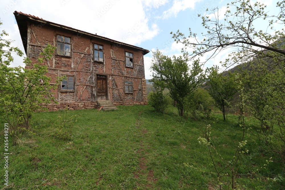 Obraz premium Old ruined house adobe and wood facade in village Gara Bov, Bulgaria. Old adobe wall. Brown, detail.