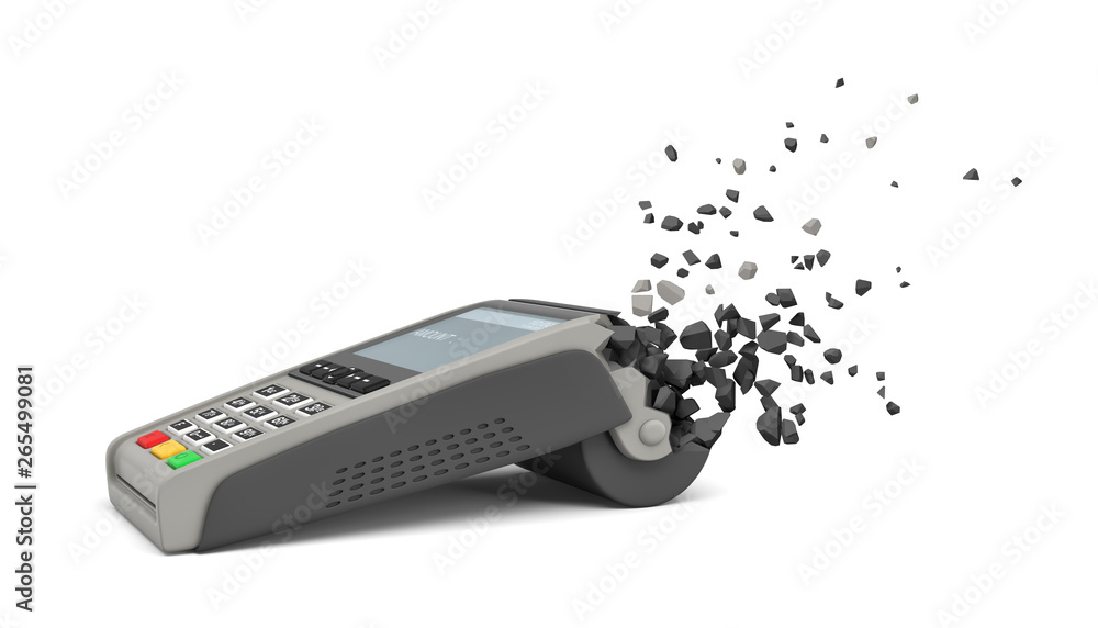 3d rendering of point-of-sale terminal starting to dissolve into particles on white background. 3d rendering of point-of-sale terminal starting to dissolve into particles on white background.
