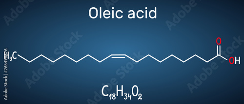 Oleic acid ( cis, omega-9) molecule. Structural chemical formula and molecule model on the dark blue background photo