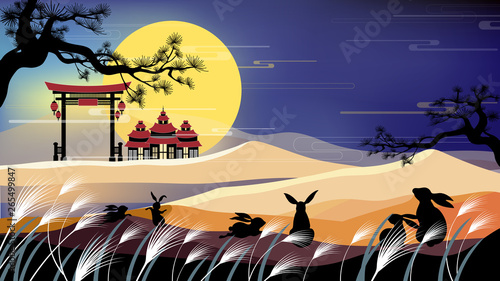 anorama landscape of Chinese temple and moutain with family rabbit celebration and looking at at full moon, Vector Mid autumn festival for greeting card, banner, poster template background