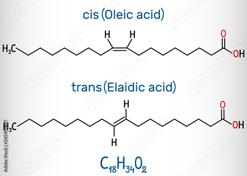 Oleic acid (cis ) and elaidic acid (trans), omega-9 fatty acids are geometric isomers. Structural chemical formula