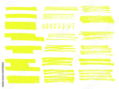 Vector yellow highlighter brush lines. Hand drawing.