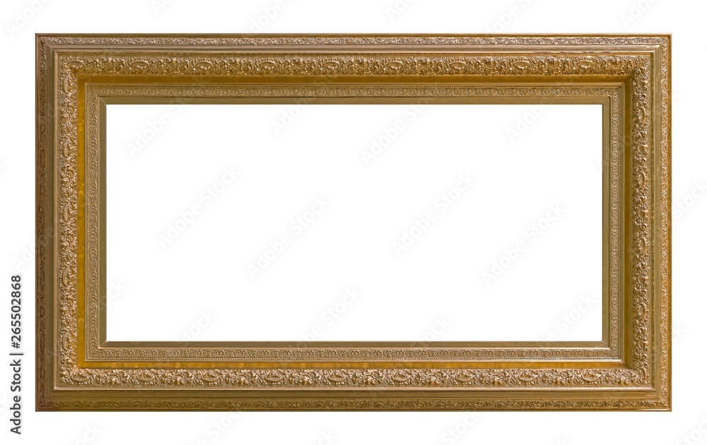 Fototapeta premium Panoramic golden frame for paintings, mirrors or photo isolated on white background