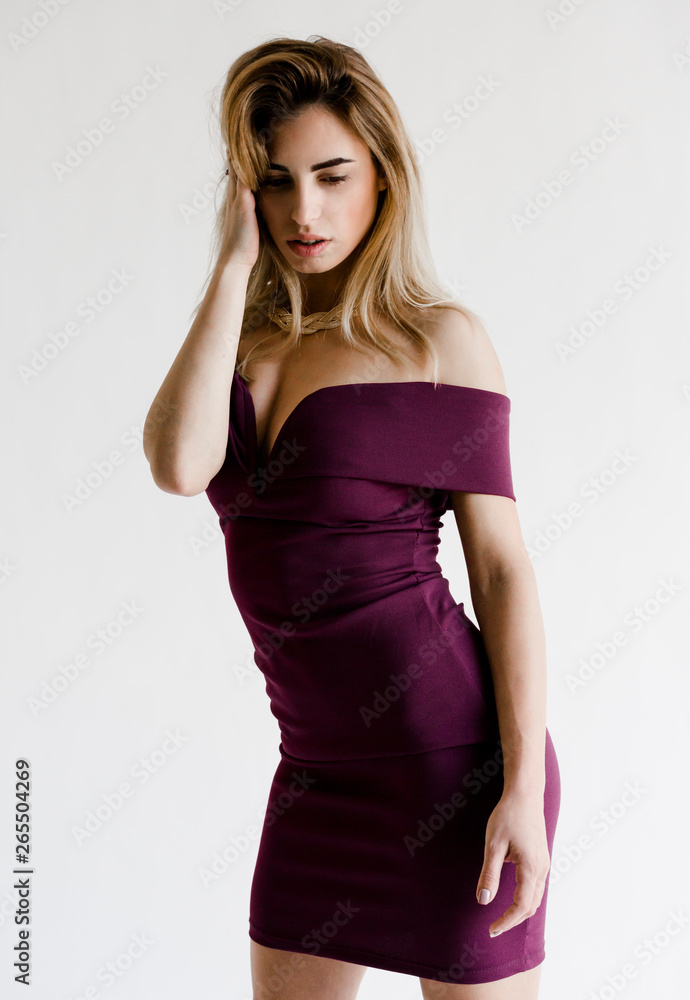 Portrait Young Blond Woman Dress Posing Studio Portrait Young Blond Woman Dress Posing Studio