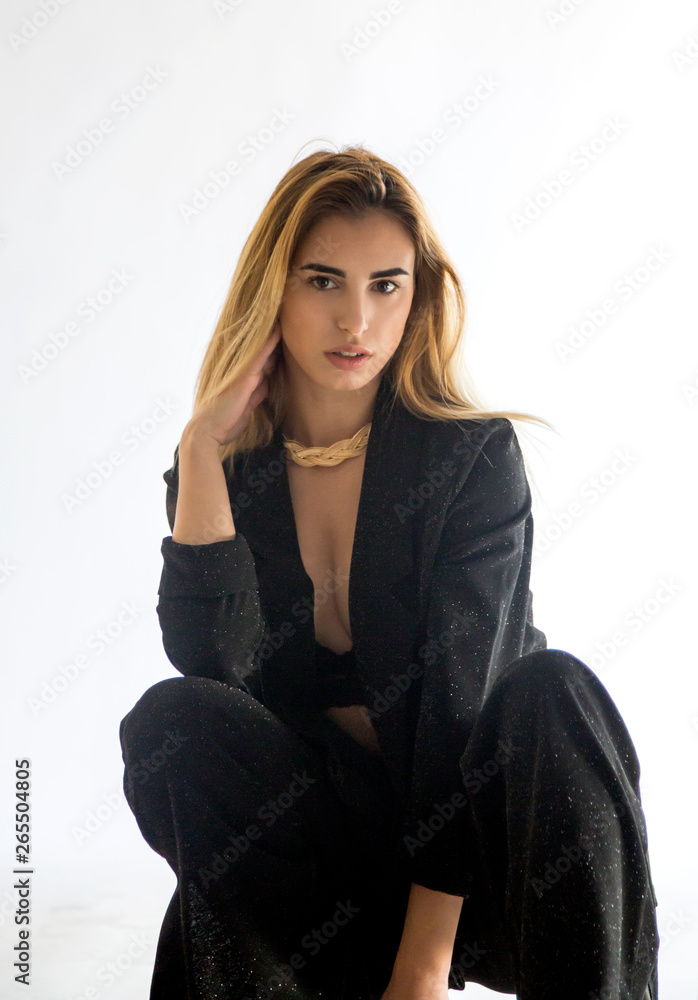 Portrait Young Blond Woman Posing Black Bra Pants Studio Portrait Young Blond Woman Posing Black Bra Pants Studio