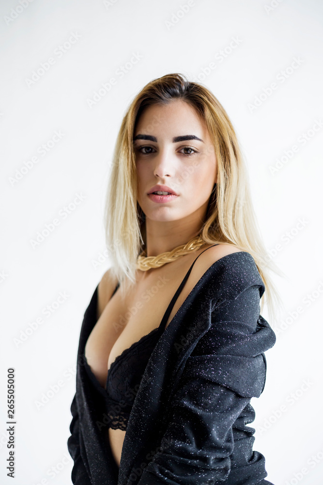 Portrait Young Blond Woman Posing Black Bra Pants Studio Portrait Young Blond Woman Posing Black Bra Pants Studio