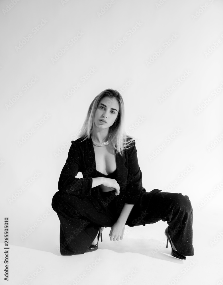 Portrait Young Blond Woman Posing Black Bra Pants Studio Portrait Young Blond Woman Posing Black Bra Pants Studio