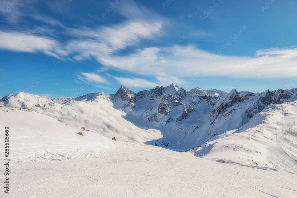 Winter panorama of mountains in Pitztal Hoch Zeiger ski resort in Austria Alps. Ski slopes. Beautiful winter day.