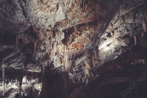 Stalactite and Stalagmite. A cave formation with details of stalagmite and stalactite. Vintage filter applied.