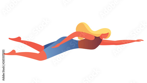 Young woman isolated on white, swimming breaststroke. Colorful bold character in flat style in swimsuit