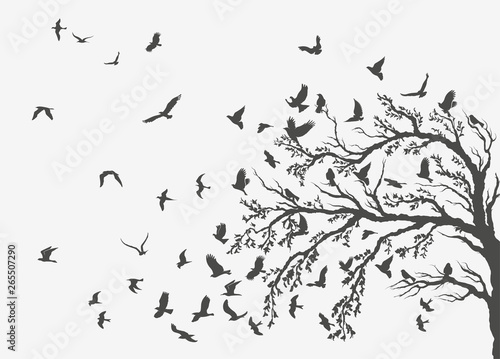 figures flock of flying birds on tree
