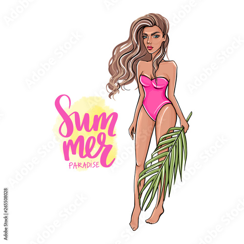 Vector Hand drawn beautiful girl. Blonde woman on the beach holding palm branch.