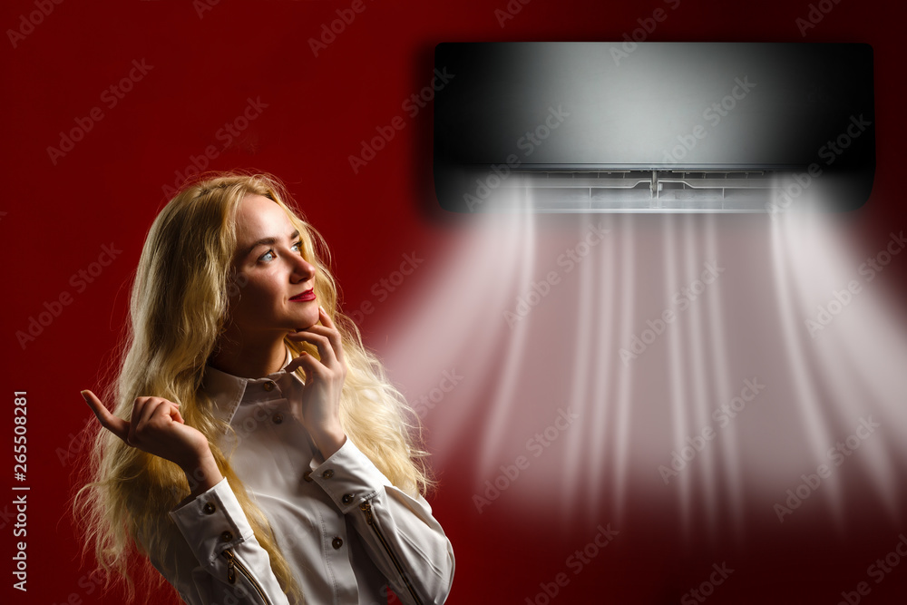 Portrait Of Smiling Young Woman Holding Remote Controller Of Air Conditioner At Home Portrait Of Smiling Young Woman Holding Remote Controller Of Air Conditioner At Home