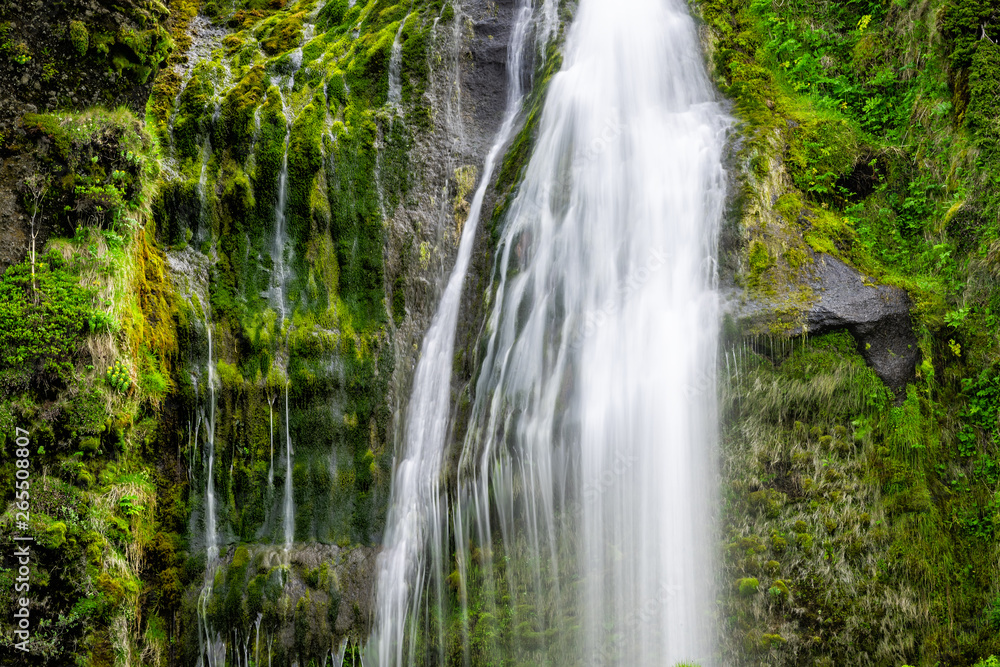 Small waterfall by Seljalandsfoss, Iceland with closeup of long exposure smooth blurred white water falling off cliff in green mossy summer rocky landscape