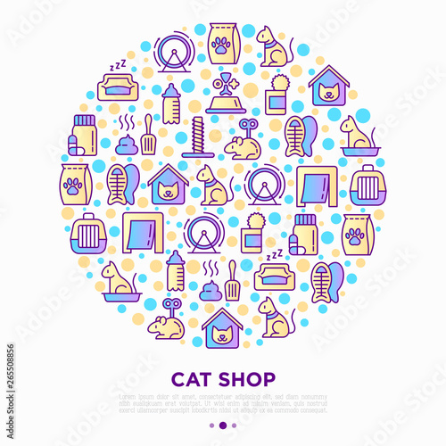 Cat shop concept in circle with thin line icons  bags for transportation  hygiene  collars  doors  toys  feeders  scratchers  litter  shack  training. Vector illustration for print media  banner.