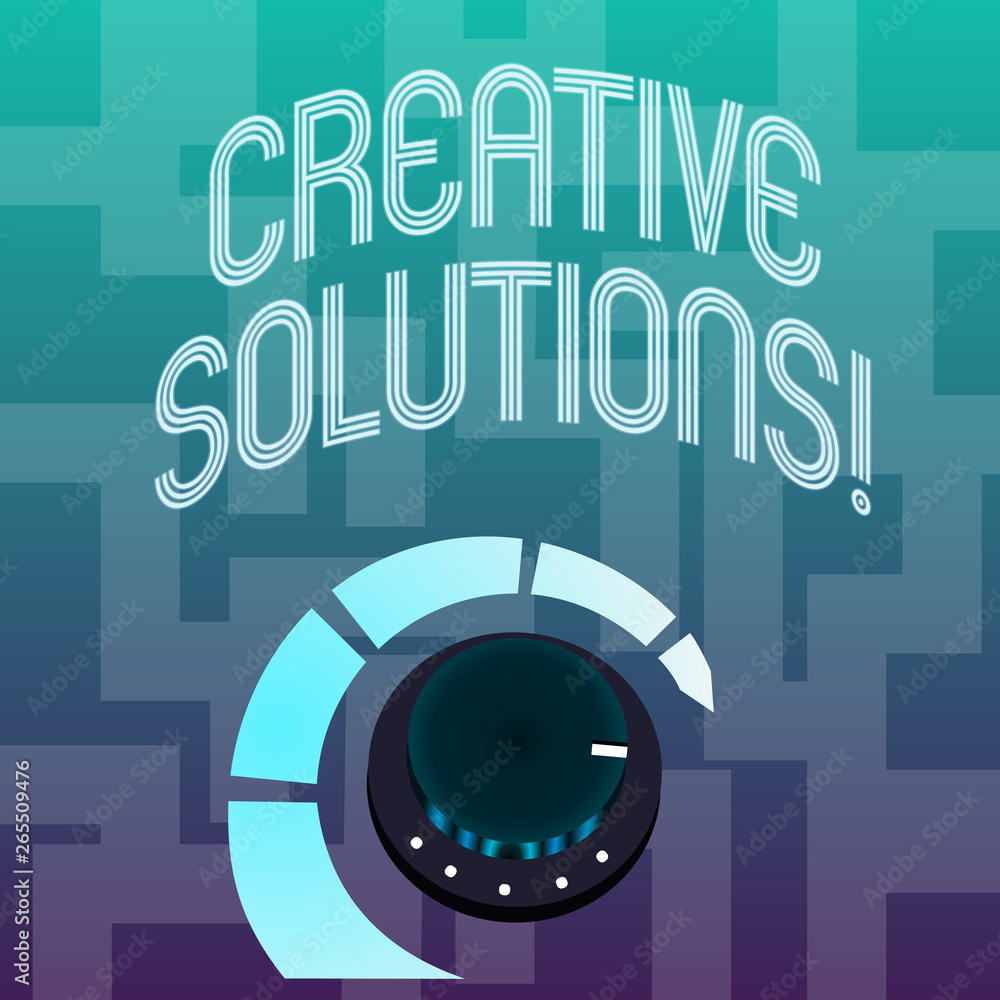 Obraz premium Text sign showing Creative Solutions. Business photo text mental process of creating a solution to a problem Volume Control Metal Knob with Marker Line and Colorful Loudness Indicator