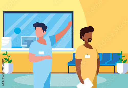 interracial male medicine workers in clinic reception