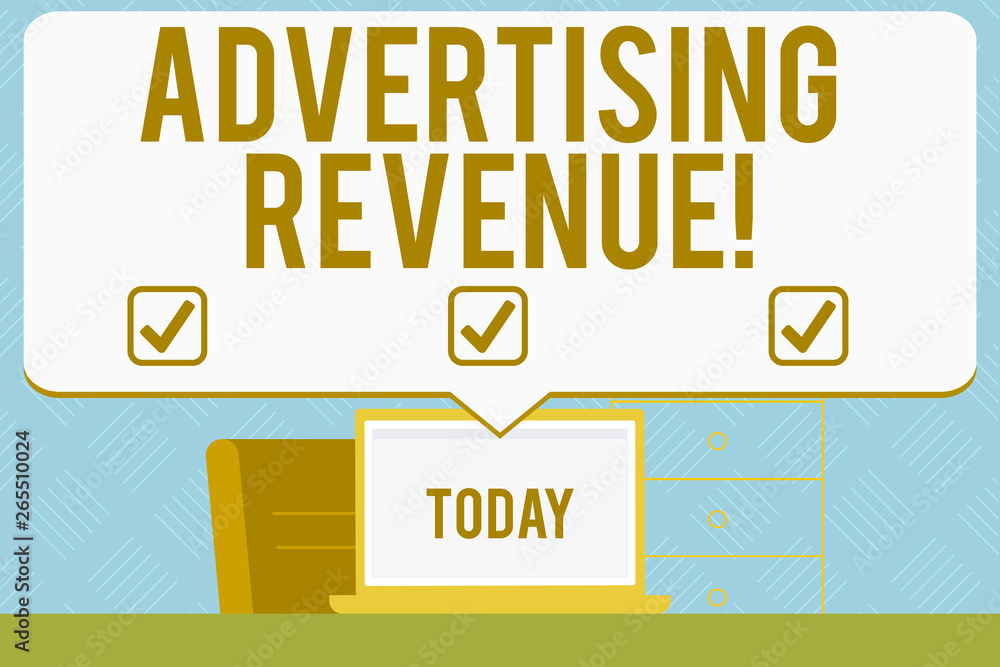 Writing note showing Advertising Revenue. Business concept for money media earn from selling advertising space or time Blank Huge Speech Bubble Pointing to the White Laptop Screen