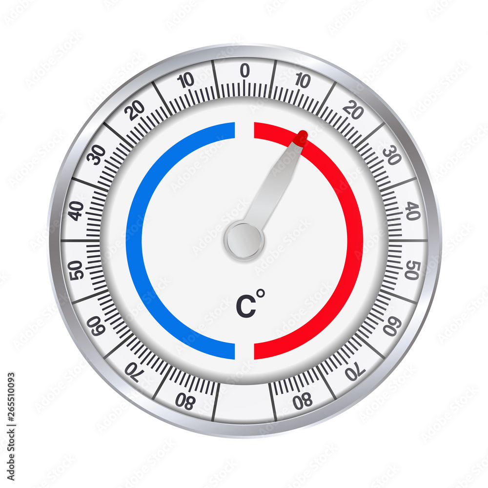 Realistic illustration of a metal round thermometer to measure degrees Celsius of cold and heat. Isolated on white background, vector Realistic illustration of a metal round thermometer to measure degrees Celsius of cold and heat. Isolated on white background, vector